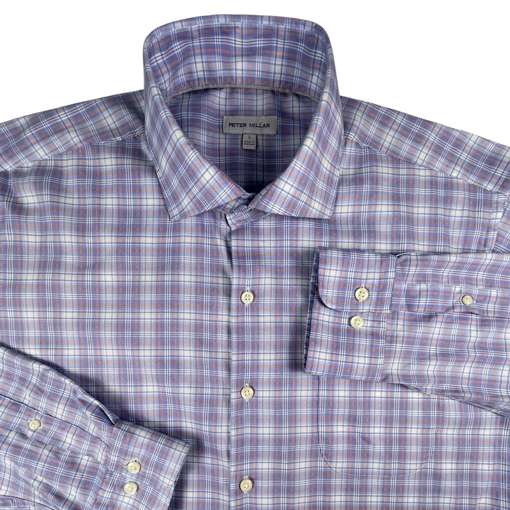 Peter Millar Button Down Mens L Blue Orange Plaid MS25W12LTS LS Stretch Shirt